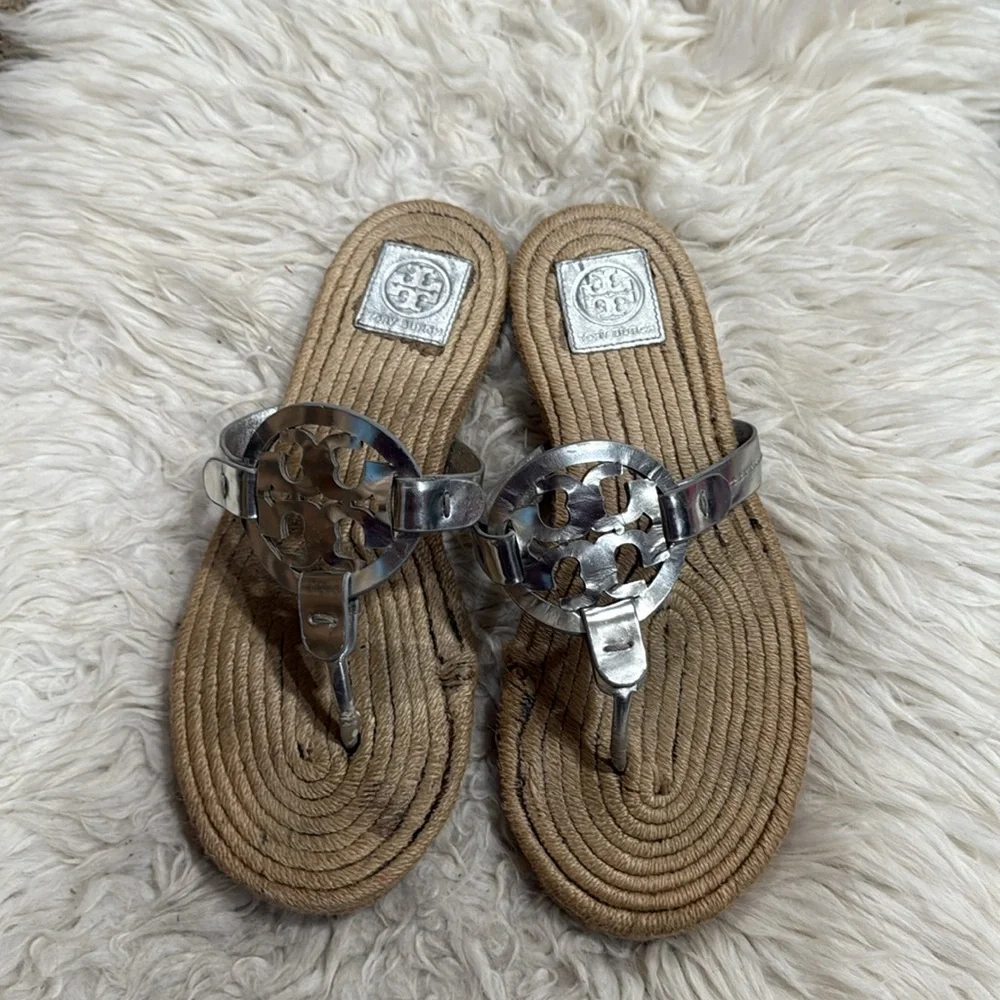 Tory Burch Miller Espadrille‎ Logo In Mirror Metallic Silver Women’s Size 10